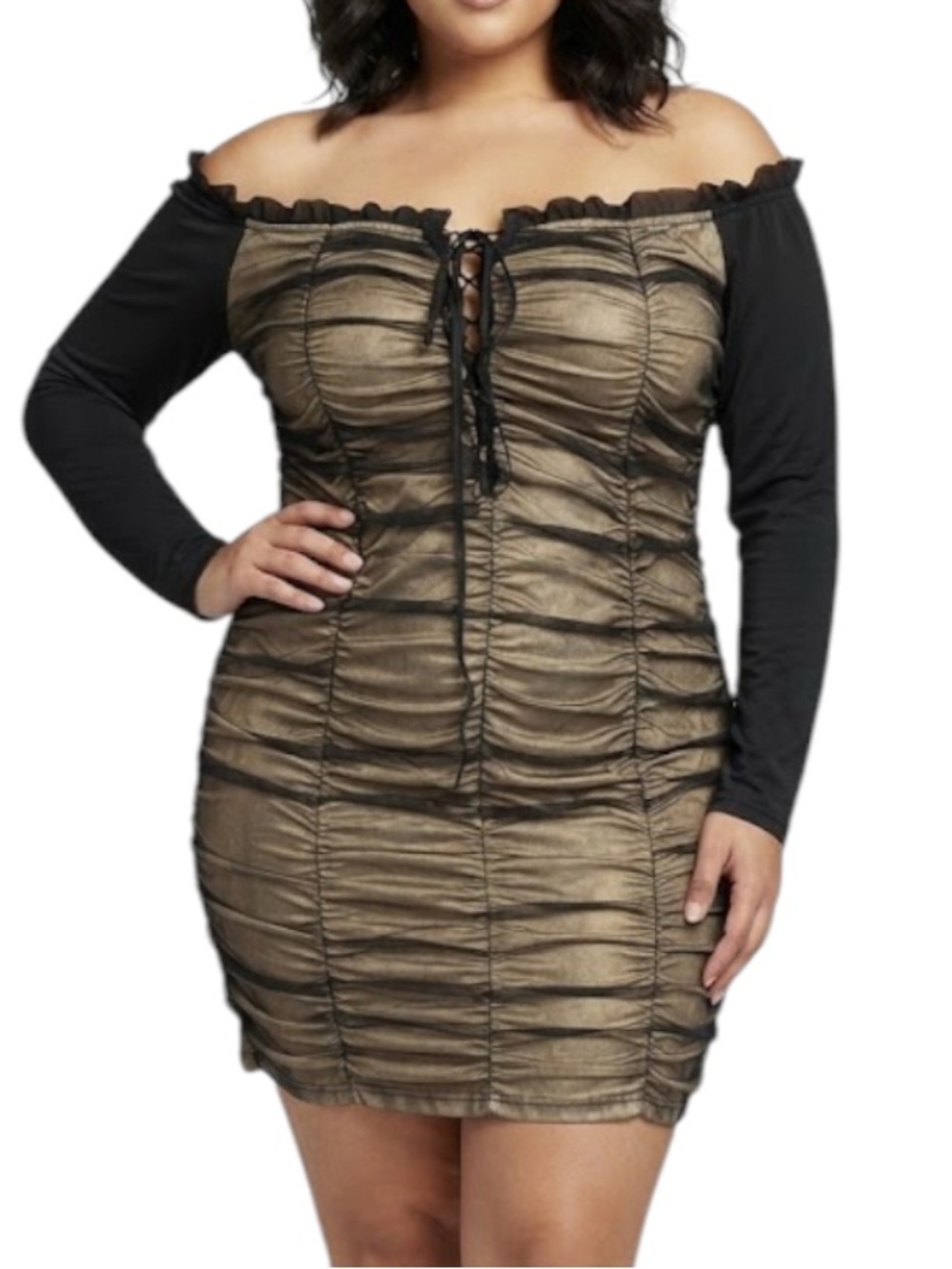 FASHION NOVA Maura Mesh Dress Black 1X Plus Ruched Off Shoulder Long Sleeve Mini